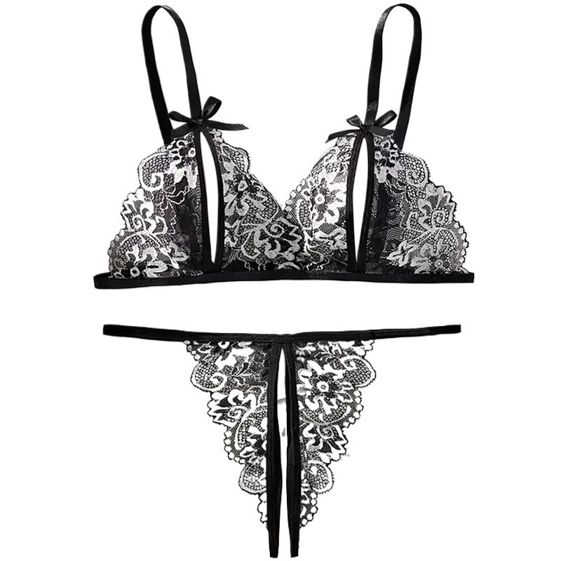 Lace Bralette Set - Black Hot Crotchless Sexy Women Lace